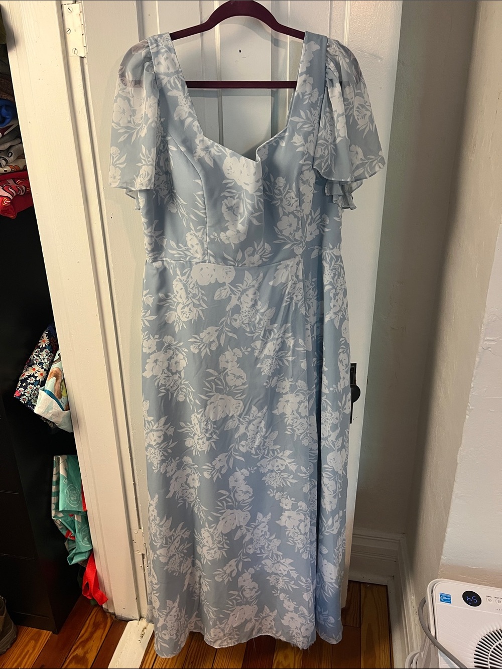 Revelry “Madeline convertible chiffon floral print” in Sky Blue Bridesmaid dress